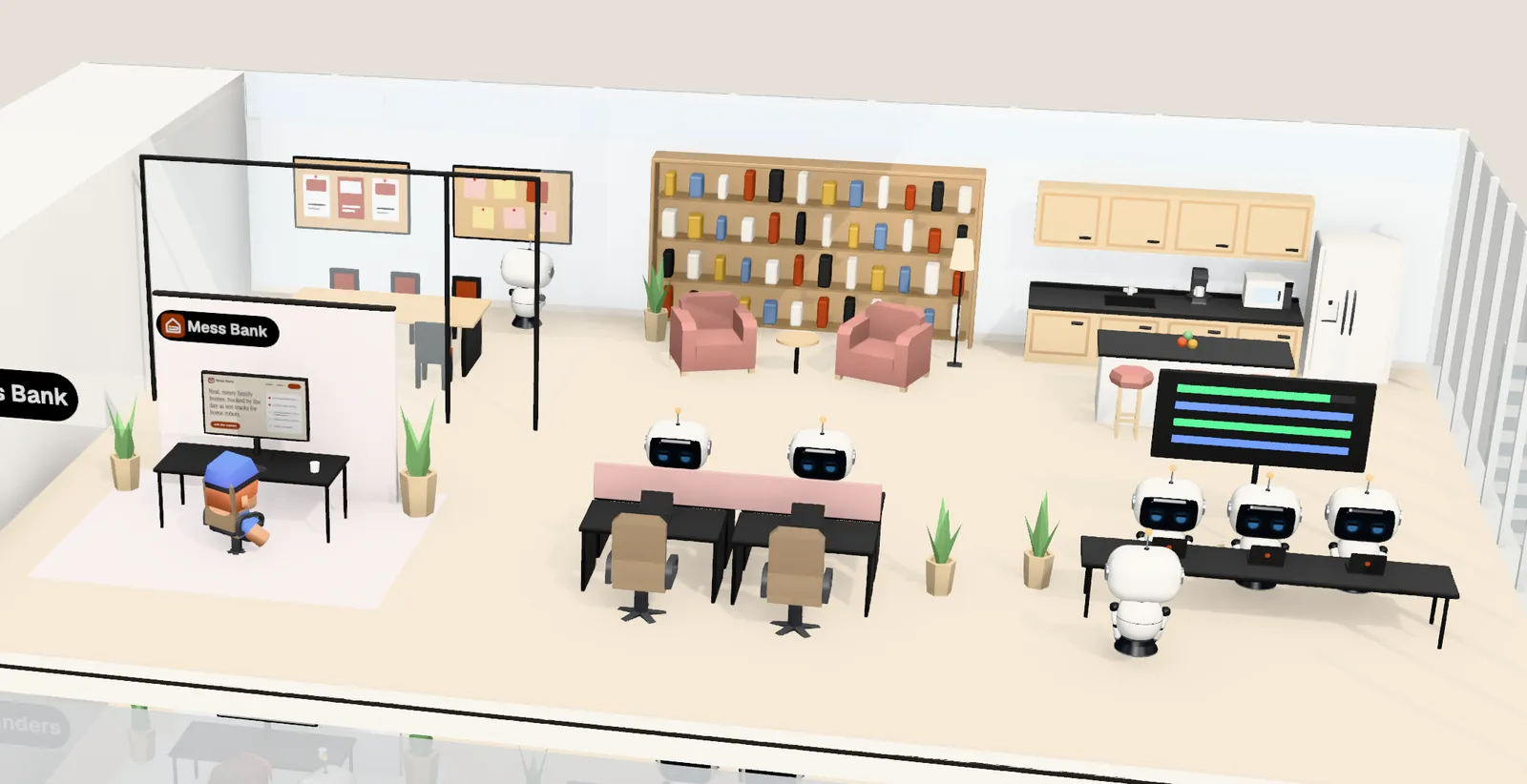Mess Bank’s office on floor 23 of Tower 2: the owner’s desk with the website on screen, the agents’ bench, a meeting room and a library